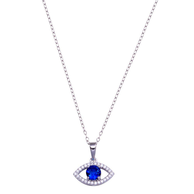 Rhodium Plated 925 Sterling Silver Evil Eye Blue CZ Necklace - BGP01419 | Silver Palace Inc.