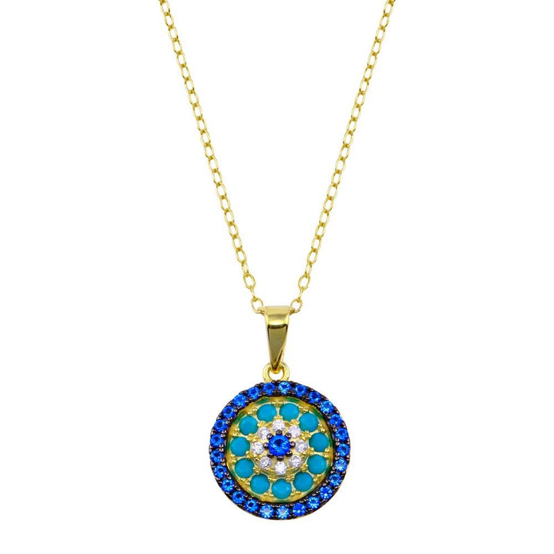 Silver 925 Gold Plated Round Charm Turquoise Blue CZ Necklace - BGP01420 | Silver Palace Inc.