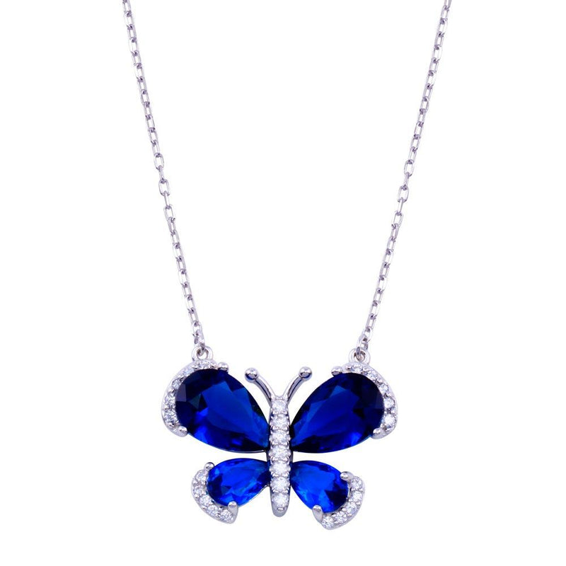 Rhodium Plated 925 Sterling Silver Butterfly Clear and Blue CZ Necklace - BGP01421 | Silver Palace Inc.