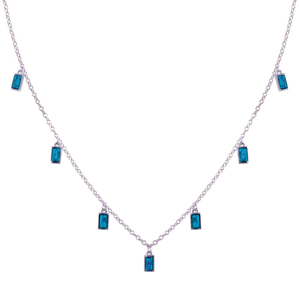 Rhodium Plated 925 Sterling Silver Turquoise Charms Necklace - BGP01422 | Silver Palace Inc.