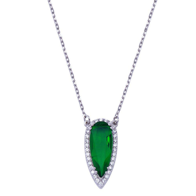 Rhodium Plated 925 Sterling Silver Teardrop Green and Clear CZ Necklace - BGP01428 | Silver Palace Inc.