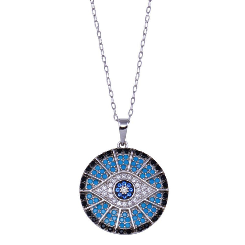 Rhodium Plated 925 Sterling Silver Round Evil Eye CZ Necklace - BGP01430 | Silver Palace Inc.
