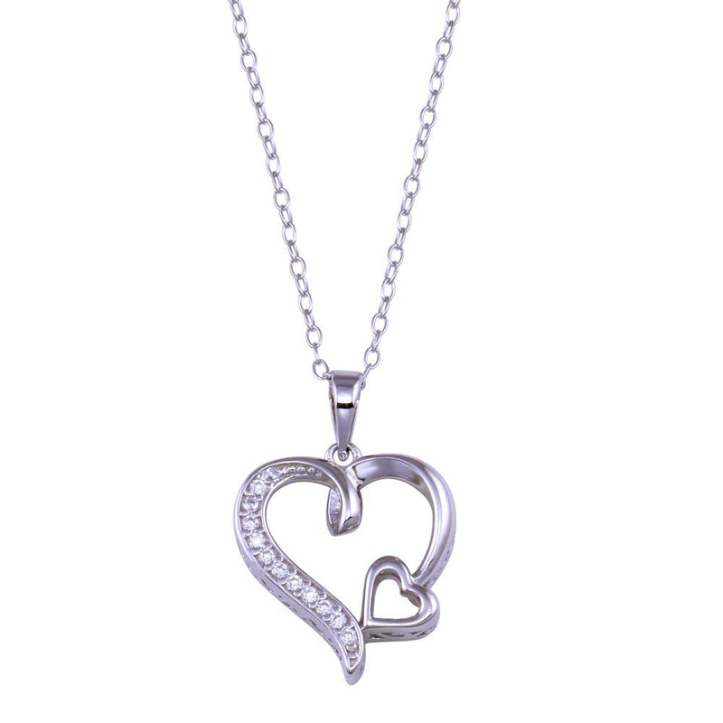 Rhodium Plated 925 Sterling Silver Double Heart CZ Necklace - BGP01435 | Silver Palace Inc.