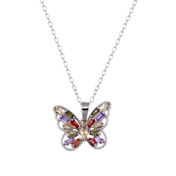 Rhodium Plated 925 Sterling Silver Multicolor Baguette Butterfly Necklace - BGP01437 | Silver Palace Inc.