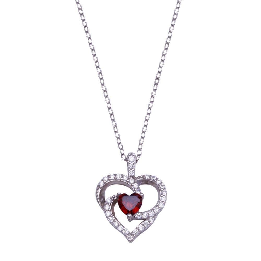 Rhodium Plated 925 Sterling Silver Clear and Red Heart Necklace - BGP01439 | Silver Palace Inc.