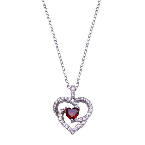 Rhodium Plated 925 Sterling Silver Clear and Red  Heart Necklace - BGP01439 | Silver Palace Inc.