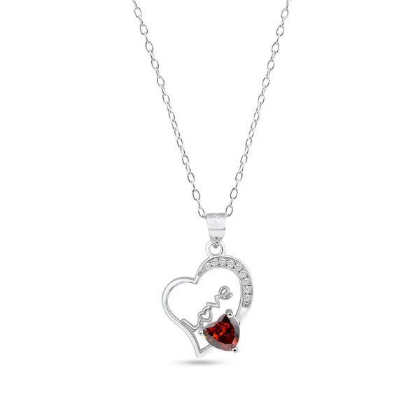 Rhodium Plated 925 Sterling Silver Love Heart Clear and Red CZ Adjustable Necklace - BGP01449 | Silver Palace Inc.