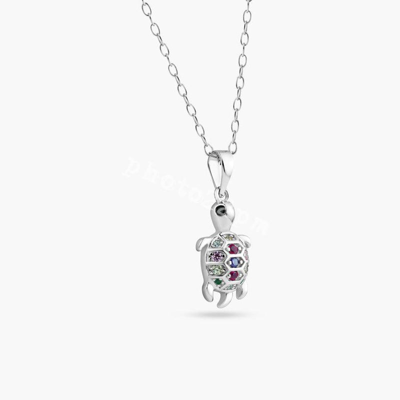 Rhodium Plated 925 Sterling Silver Clear Multi Color CZ Turtle Pendant Necklace - BGP01450