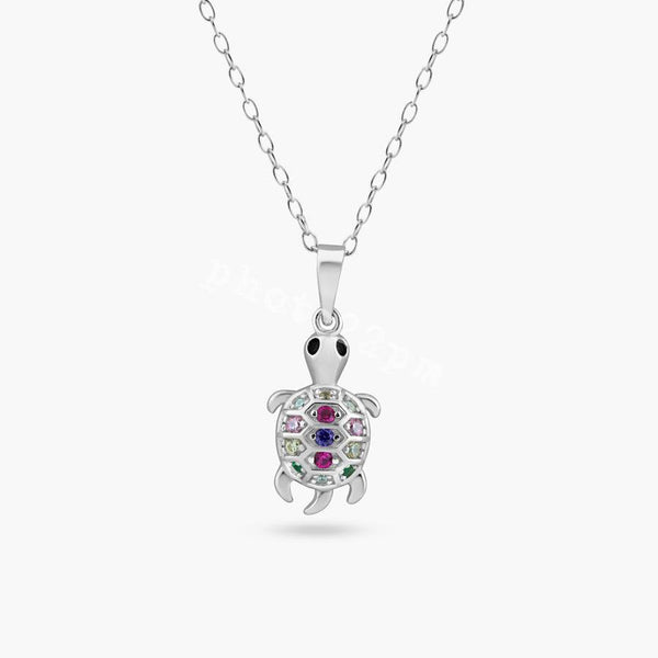 Rhodium Plated 925 Sterling Silver Clear Multi Color CZ Turtle Pendant Necklace - BGP01450 | Silver Palace Inc.