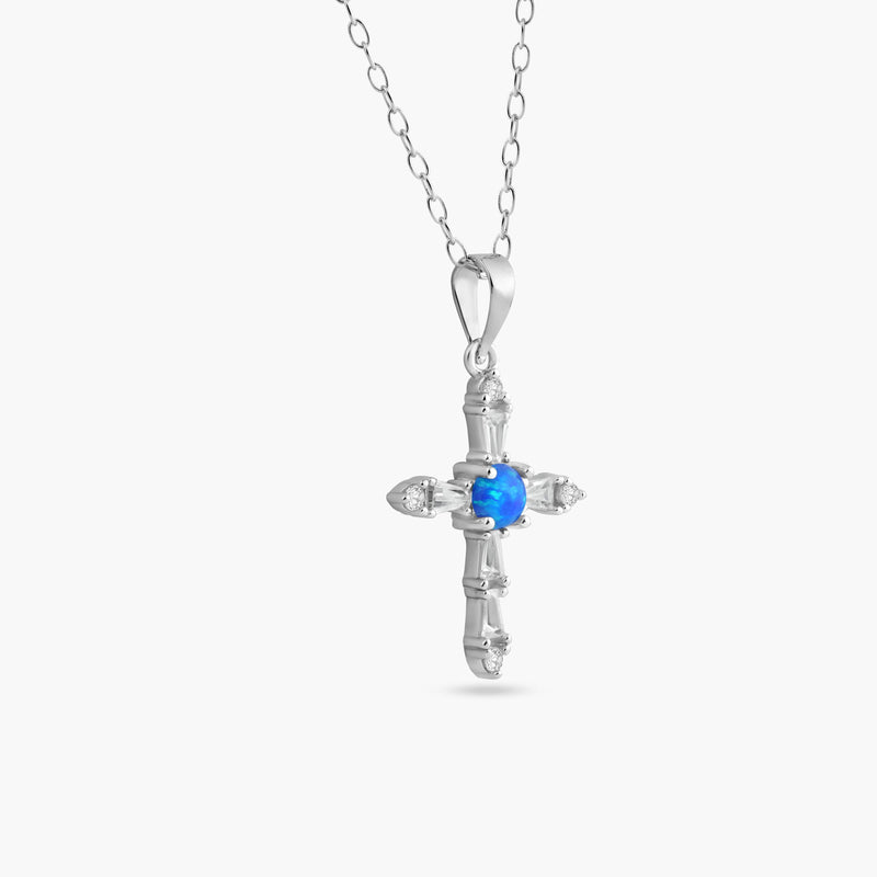 Rhodium Plated 925 Sterling Silver Blue Synthetic Opal Cross Necklace - BGP01452
