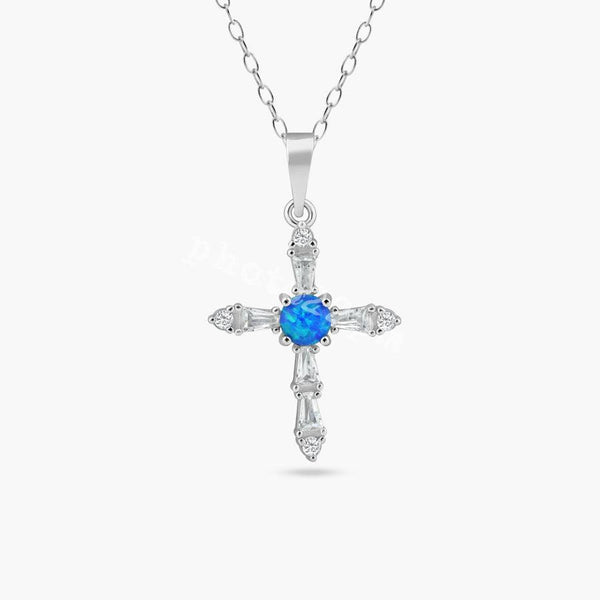 Rhodium Plated 925 Sterling Silver Blue Synthetic Opal Cross Necklace - BGP01452 | Silver Palace Inc.
