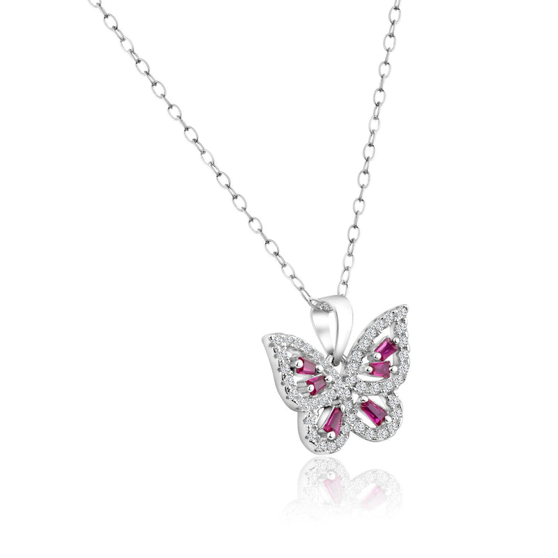 Rhodium Plated 925 Sterling Silver Clear and Red CZ Butterfly Pendant Necklace - BGP01453 | Silver Palace Inc.