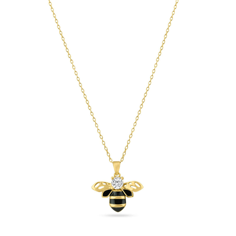 Gold Plated 925 Sterling Silver Clear and Black Enamel Bee Pendant Necklace - BGP01454