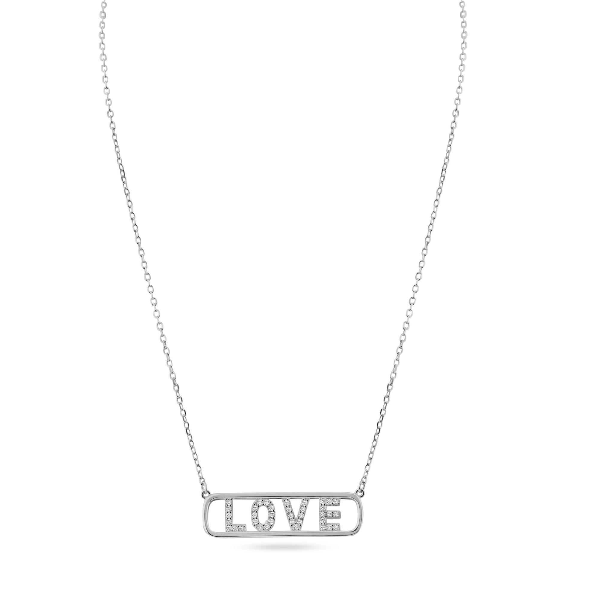 Rhodium Plated 925 Sterling Silver Clear Love Pendant Necklace - BGP01455 | Silver Palace Inc.