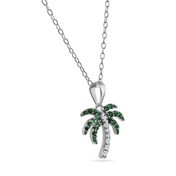 Rhodium Plated 925 Sterling Silver Green and Clear Palm Tree Pendant Necklace - BGP01456 | Silver Palace Inc.