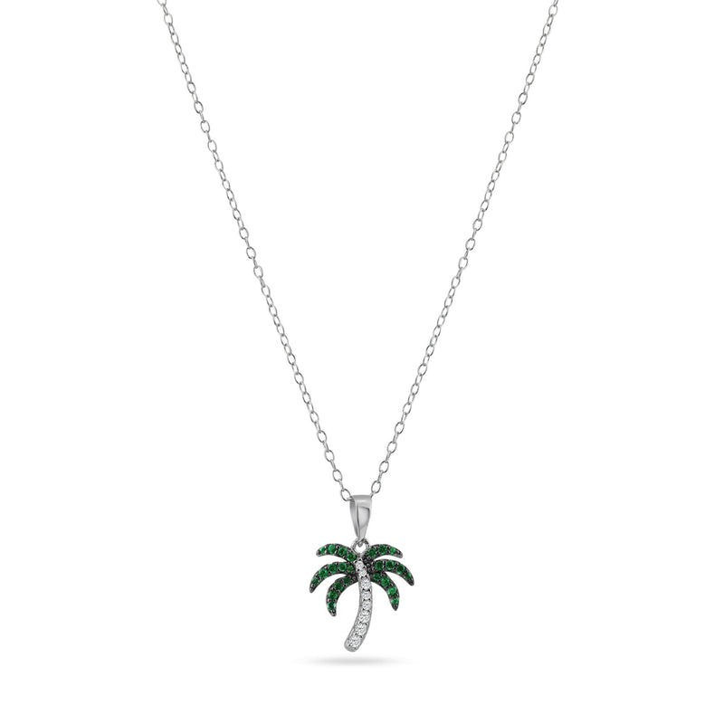 Rhodium Plated 925 Sterling Silver Green and Clear Palm Tree Pendant Necklace - BGP01456