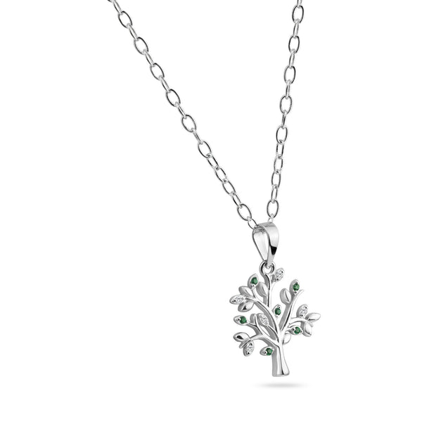 Rhodium Plated 925 Sterling Silver Green and Clear Tree Pendant Necklace - BGP01457