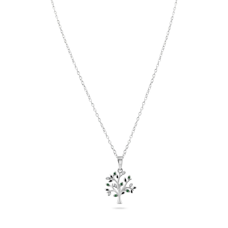 Rhodium Plated 925 Sterling Silver Green and Clear Tree Pendant Necklace - BGP01457 | Silver Palace Inc.