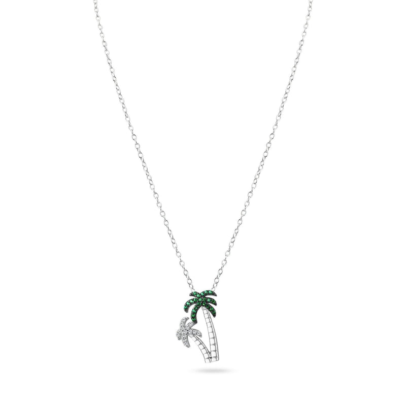 Rhodium Plated 925 Sterling Silver Green and Clear Two Palm Tree Pendant Necklace - BGP01458 | Silver Palace Inc.