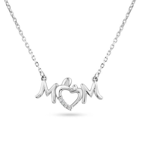 Silver 925 Rhodium Plated Mom Heart Clear CZ Pendant Necklace - BGP01460 | Silver Palace Inc.