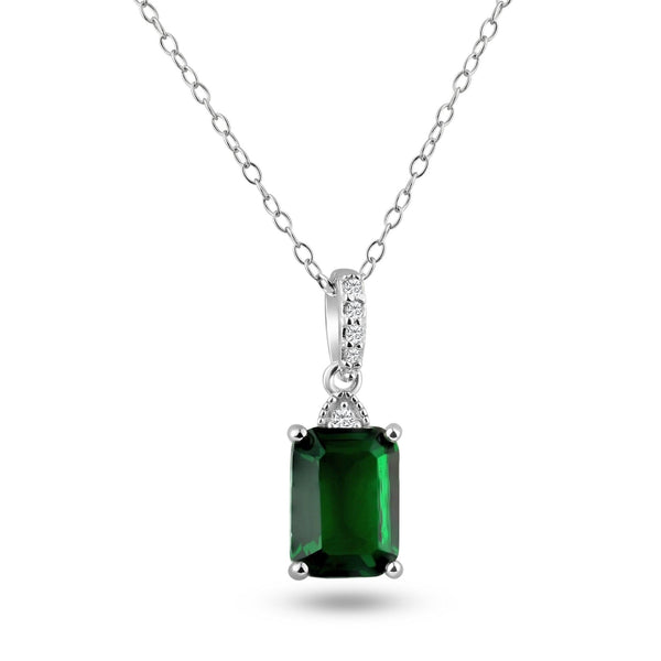 Rhodium Plated 925 Sterling Silver Green Rectangle CZ Pendant Necklace - BGP01462 | Silver Palace Inc.