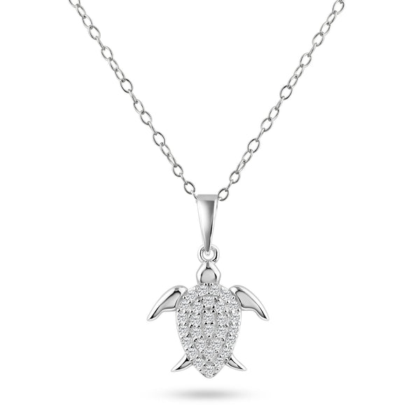Rhodium Plated 925 Sterling Silver Turtle Clear CZ Pendant Necklace - BGP01464 | Silver Palace Inc.