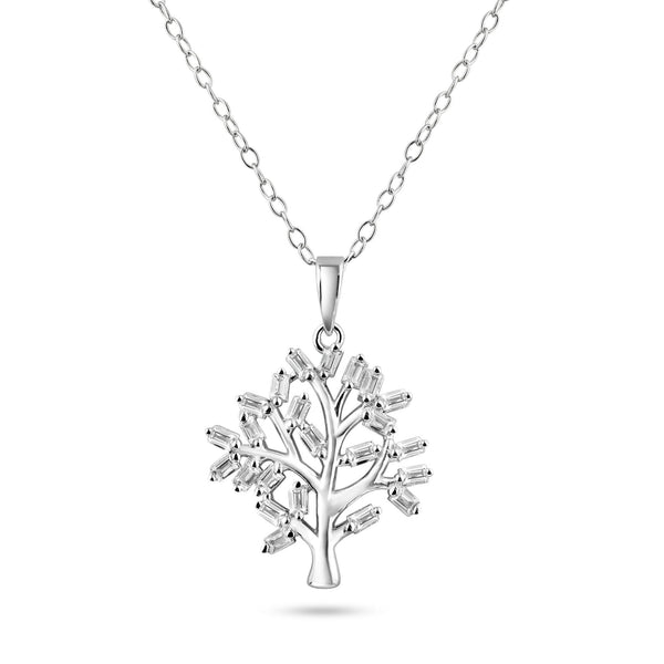 Rhodium Plated 925 Sterling Silver Tree of Life Clear CZ Baguette Pendant Necklace - BGP01467 | Silver Palace Inc.