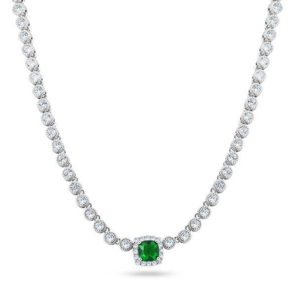 Rhodium Plated 925 Sterling Silver Bubble Tennis CZ Green Center Stone Necklace - BGP01469 | Silver Palace Inc.