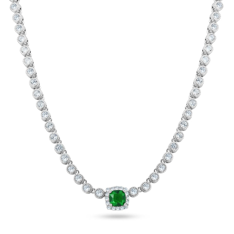 Rhodium Plated 925 Sterling Silver Bubble Tennis CZ Green Center Stone Necklace - BGP01469 | Silver Palace Inc.