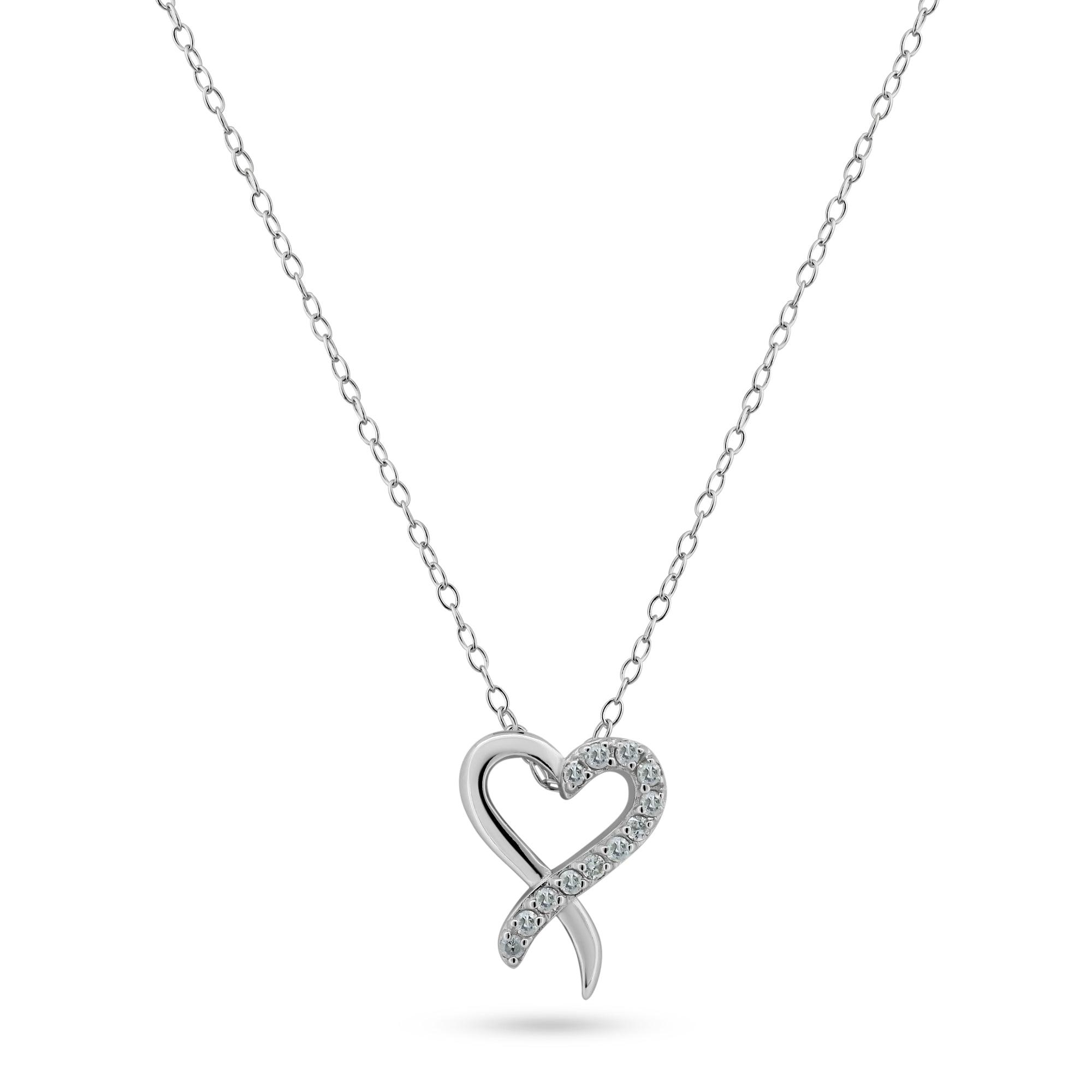 Rhodium Plated 925 Sterling Silver Open Overlapped Heart Diamond