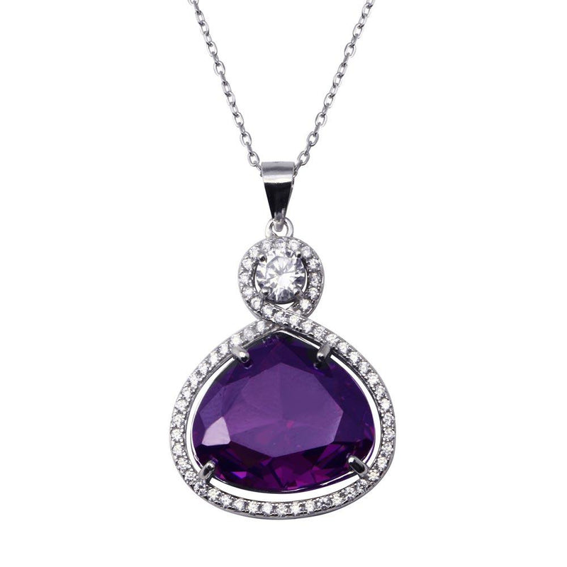 Rhodium Plated 925 Sterling Silver Wide Teardrop Amethyst Clear CZ Adjustable Necklace - BGP01447 | Silver Palace Inc.