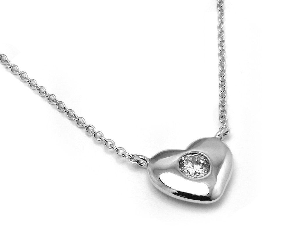 Silver 925 Rhodium Plated Solid Heart Pendant Necklace with CZ - BGP00946 | Silver Palace Inc.