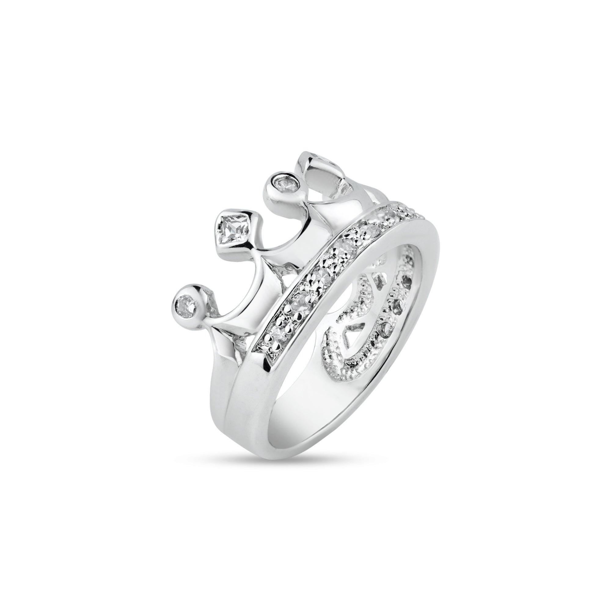 Silver 925 Rhodium Plated Clear CZ Crown Ring - BGR00002