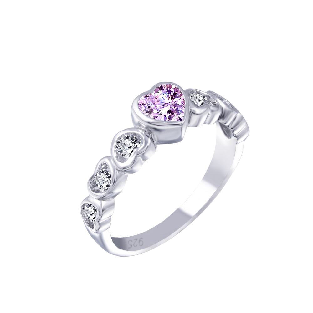 Anillo de corazón con circonita central rosa chapada en rodio de plata 925 - BGR00014P