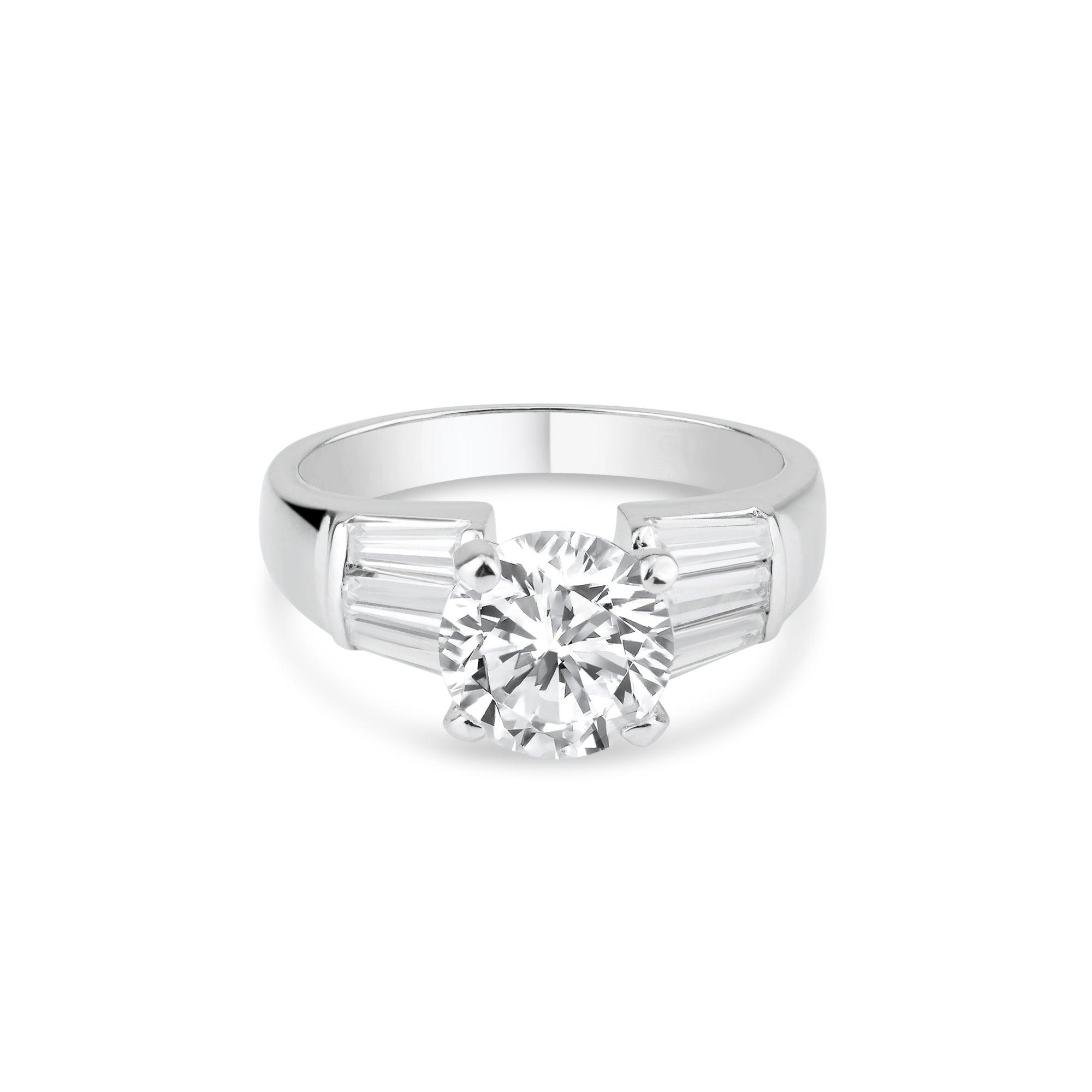 Rhodium Plated 925 Sterling Silver Clear Baguette Round Center CZ Bridal Ring - BGR00015