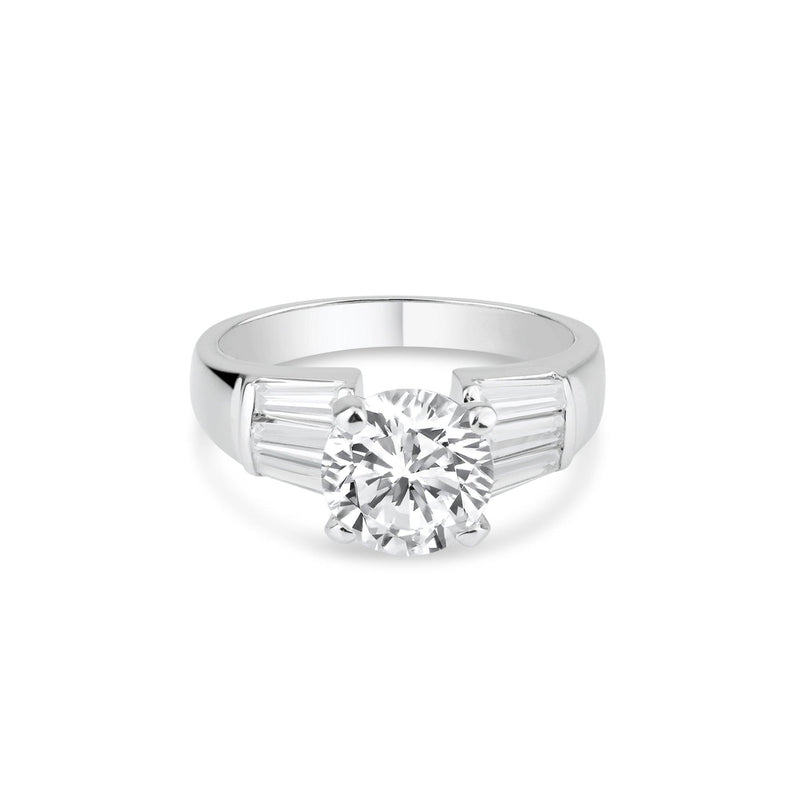 Silver 925 Rhodium Plated Clear Baguette Round Center CZ Bridal Ring - BGR00015