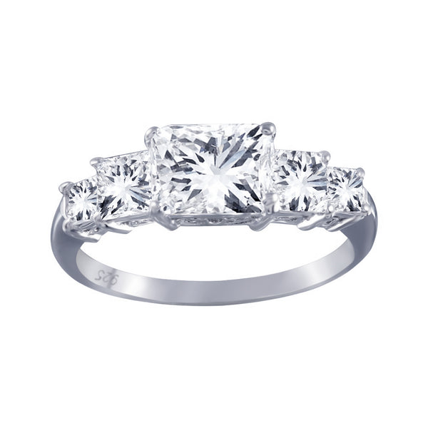 Rhodium Plated 925 Sterling Silver Clear 5 Stone Set CZ Bridal Ring - BGR00017 | Silver Palace Inc.