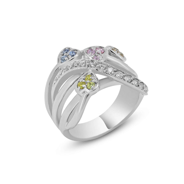 Closeout-Silver 925 Rhodium Plated Multi Colored CZ Heart Ring - BGR00020 | Silver Palace Inc.