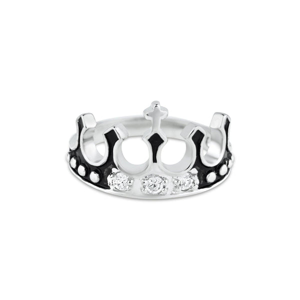 Silver 925 Rhodium Plated Black Enamel CZ Crown Ring - BGR00036 | Silver Palace Inc.