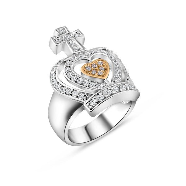 Closeout-Silver 925 Rhodium Plated Pink Heart Center and Clear CZ Crown Ring - BGR00038 | Silver Palace Inc.