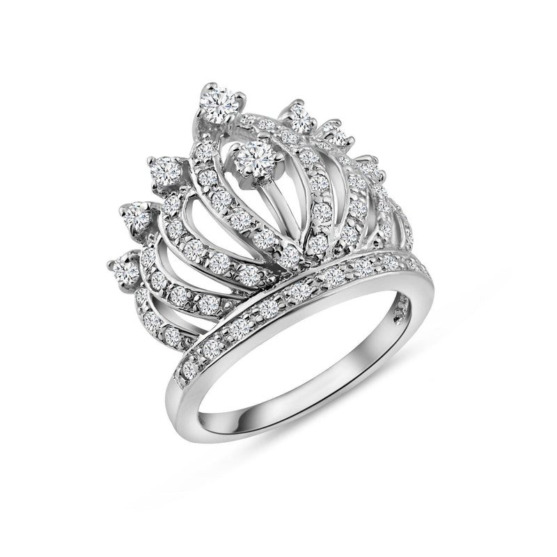Silver 925 Rhodium Plated Clear CZ Crown Ring - BGR00057