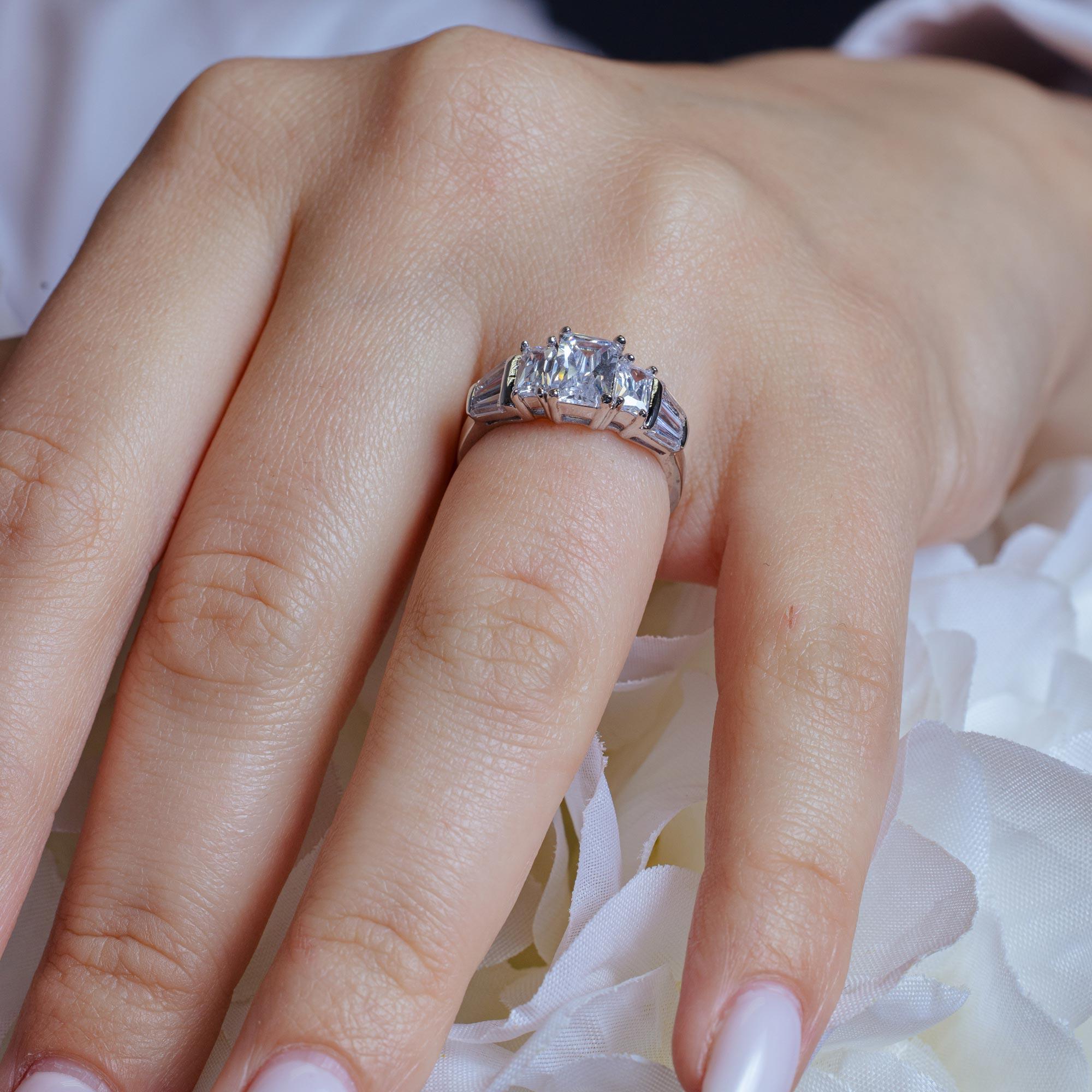 Rhodium Plated 925 Sterling Silver Clear Baguette Rectangular CZ Bridal Ring - BGR00066