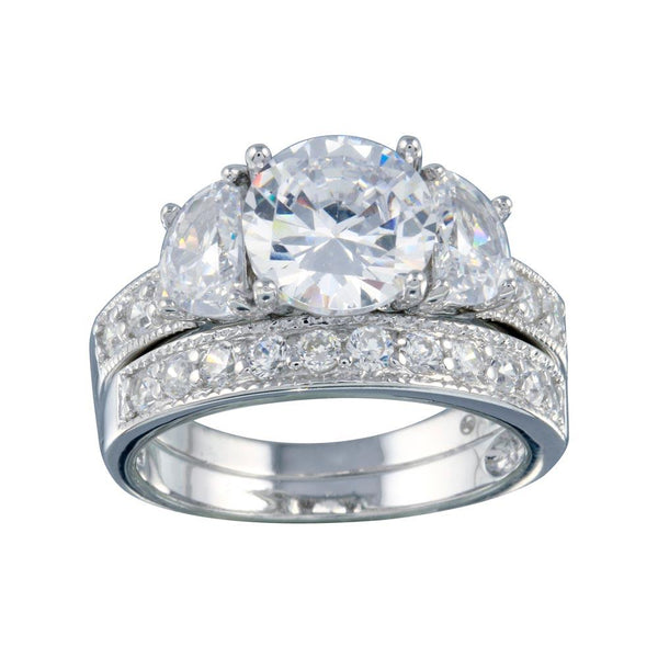 Rhodium Plated 925 Sterling Silver Clear Round Center CZ Bridal Ring Set - BGR00069 | Silver Palace Inc.