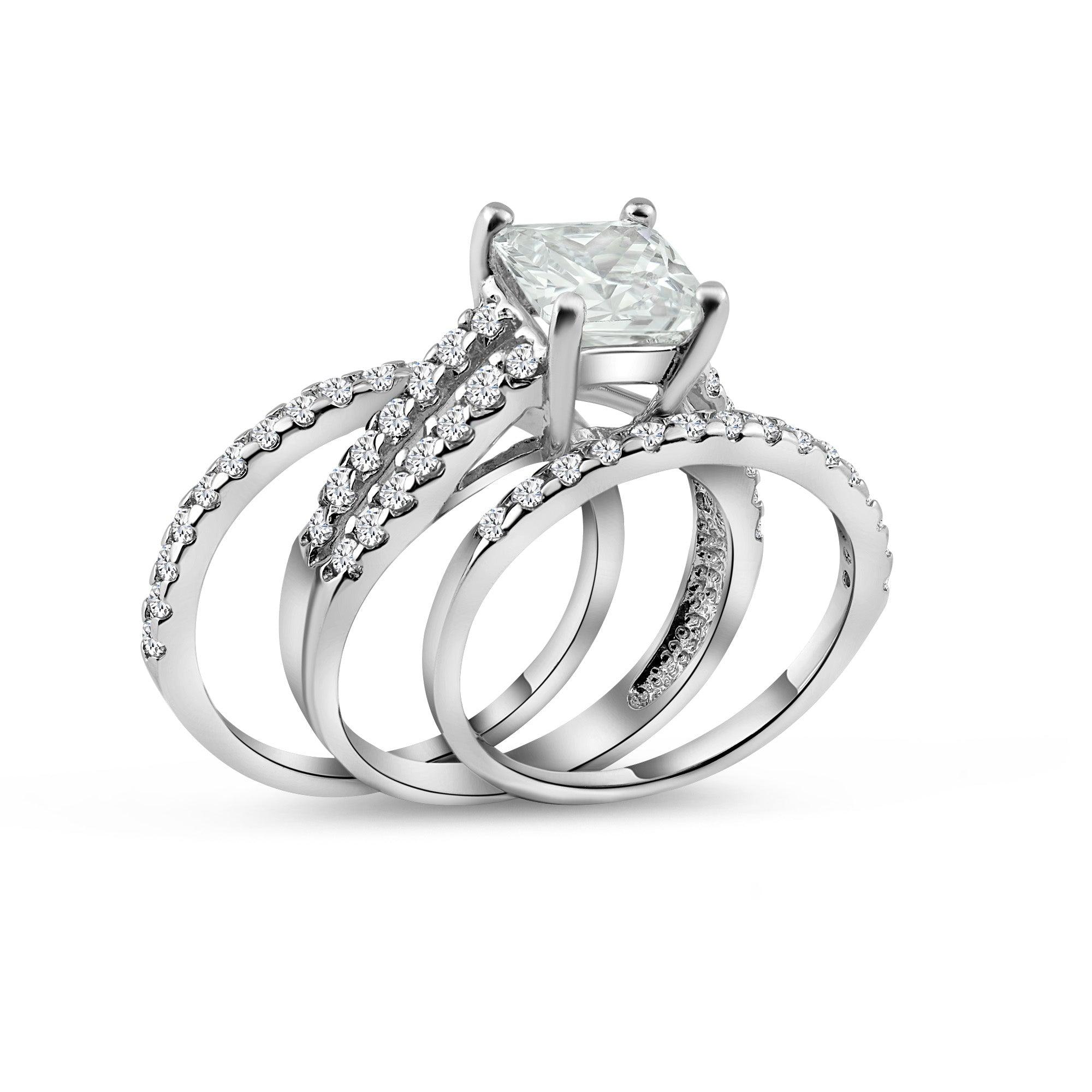Rhodium Plated 925 Sterling Silver Clear Princess Cut Pave Set CZ Bridal Ring Set - BGR00081 | Silver Palace Inc.