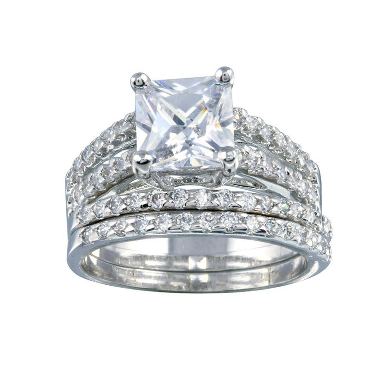 Rhodium Plated 925 Sterling Silver Clear Princess Cut Pave Set CZ Bridal Ring Set - BGR00081