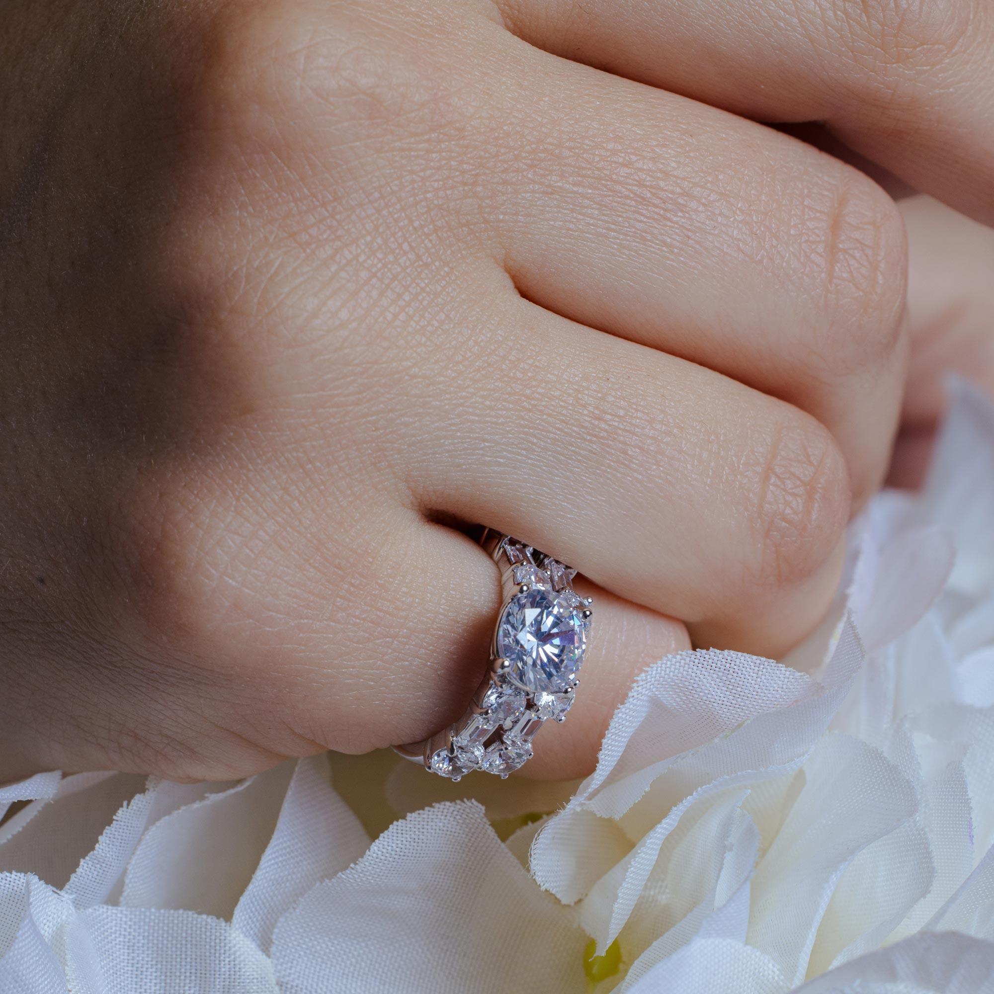 Rhodium Plated 925 Sterling Silver Clear Round Center CZ Bridal Ring Set - BGR00091