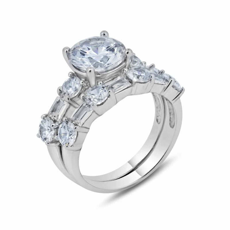 Rhodium Plated 925 Sterling Silver Clear Round Center CZ Bridal Ring Set - BGR00091 | Silver Palace Inc.