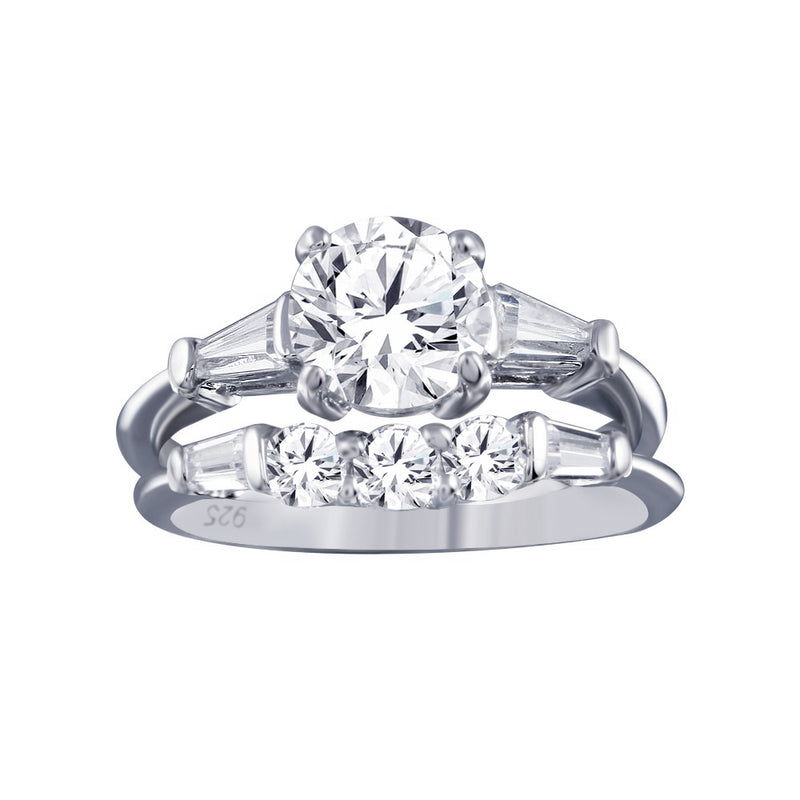 Rhodium Plated 925 Sterling Silver Clear Baguette Round CZ Bridal Ring Set - BGR00092 | Silver Palace Inc.