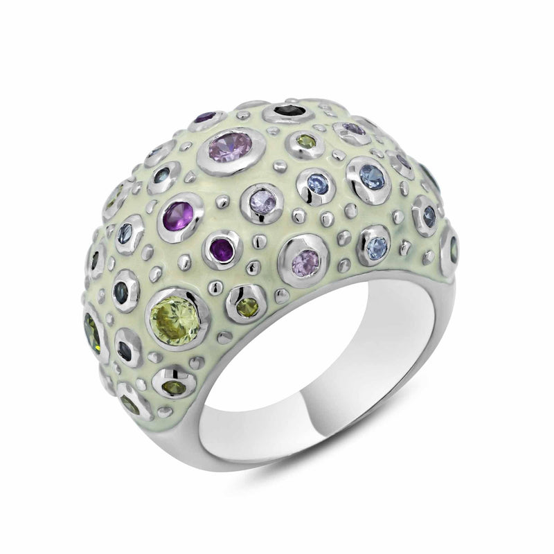 Closeout-Silver 925 Rhodium Plated White Enamel Multi Colored CZ Dome Ring - BGR00177 | Silver Palace Inc.