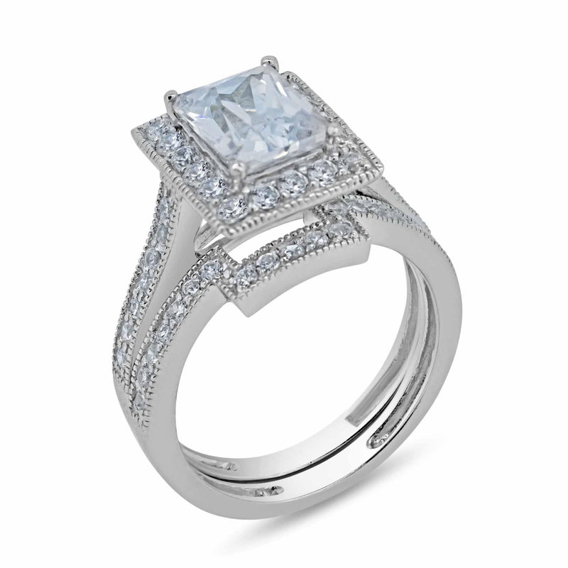 Rhodium Plated 925 Sterling Silver Clear CZ Square Bridal Ring Set - BGR00198 | Silver Palace Inc.